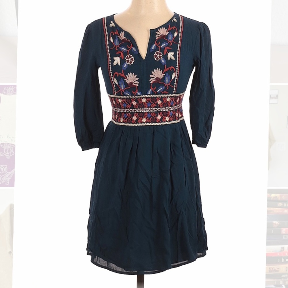 Francescas Blue Rain embroidered tasseled mini dress, size small